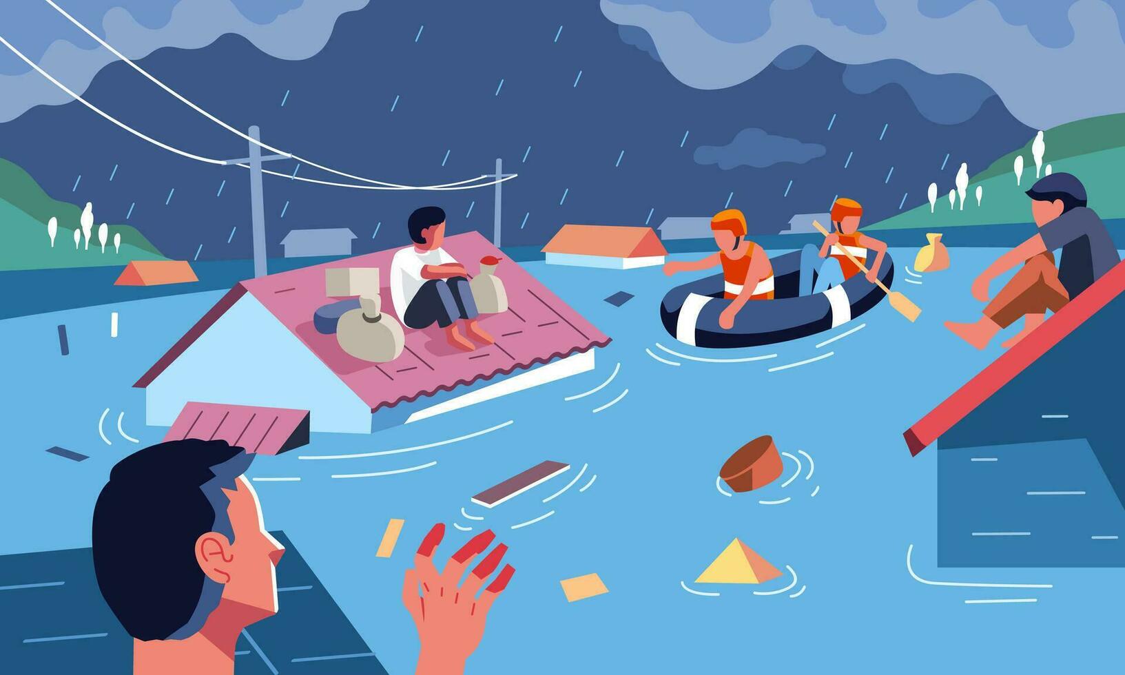 inonder catastrophe évacuation par porter secours ouvriers avec caoutchouc bateau, gens asseoir sur le toit de maison à enregistrer se de le inonder vecteur