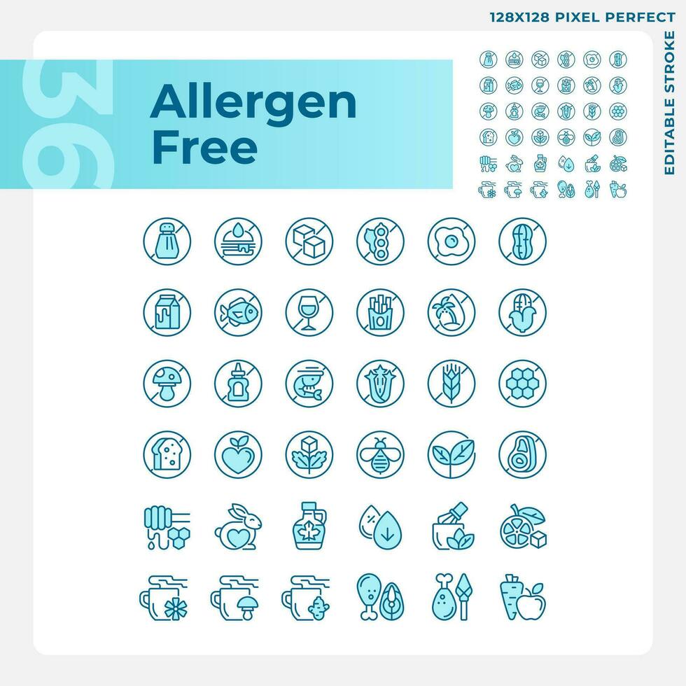 2d pixel parfait bleu Icônes pack représentant allergène gratuit, modifiable mince ligne illustration. vecteur