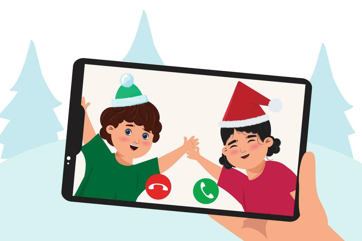 les enfants dans téléphone portable portant Père Noël claus casquettes et agitant. Noël, hiver vacances illustration avec une main en portant une téléphone portable dans le vidéo appel avec les enfants vecteur