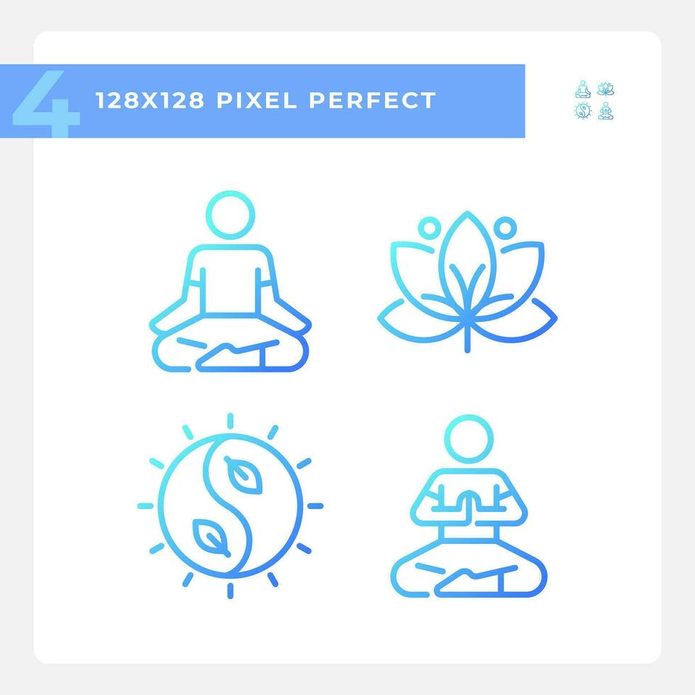 2d pixel parfait pente Icônes ensemble représentant méditation, bleu mince ligne bien-être illustration. vecteur