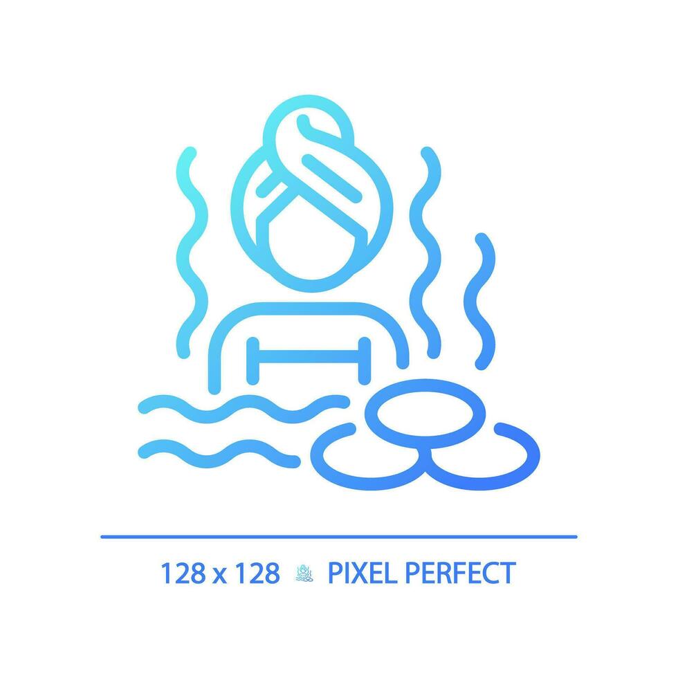 2d pixel parfait bleu pente chaud l'eau une baignoire icône, isolé vecteur, méditation mince ligne illustration. vecteur