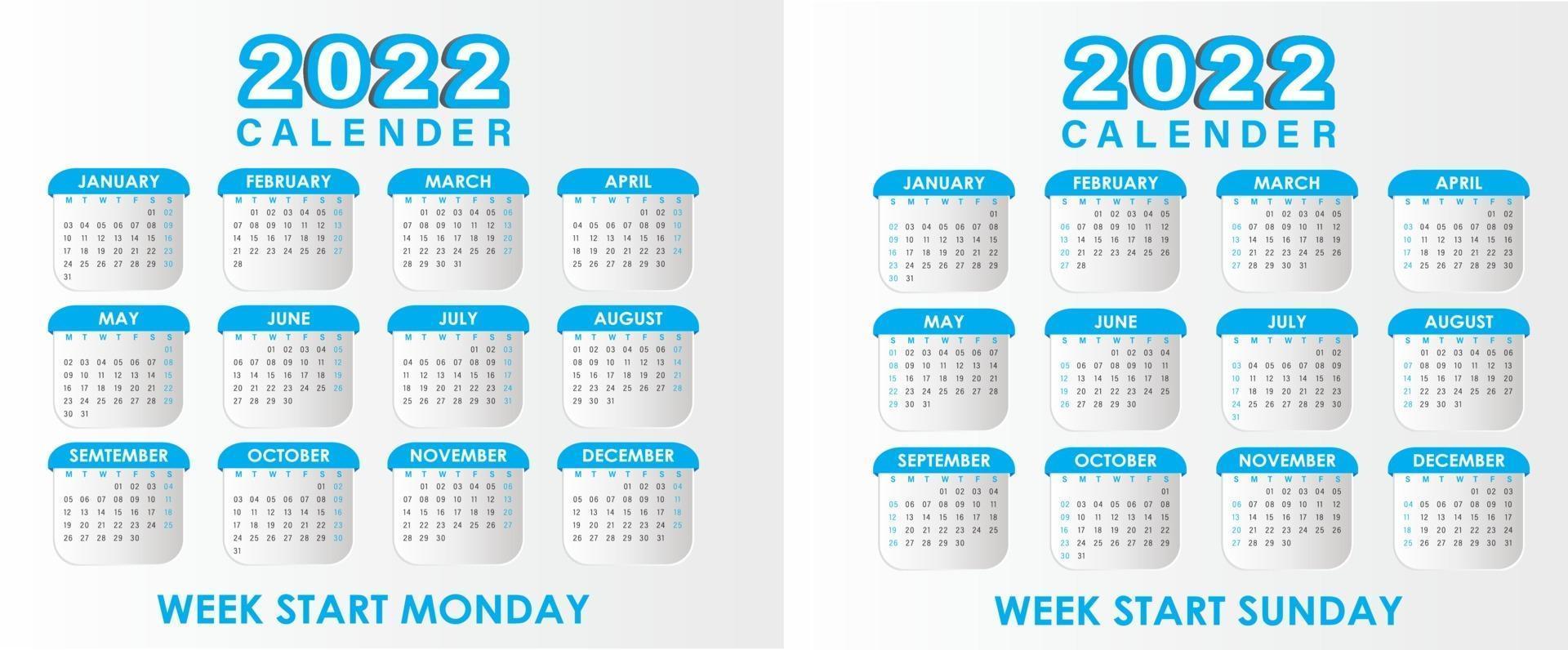 calendrier 2022 vecteur cyan