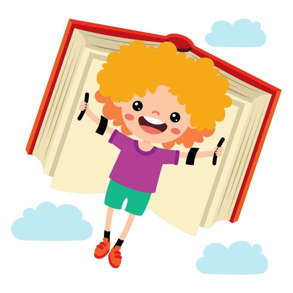 dessin animé enfant en volant avec livre vecteur