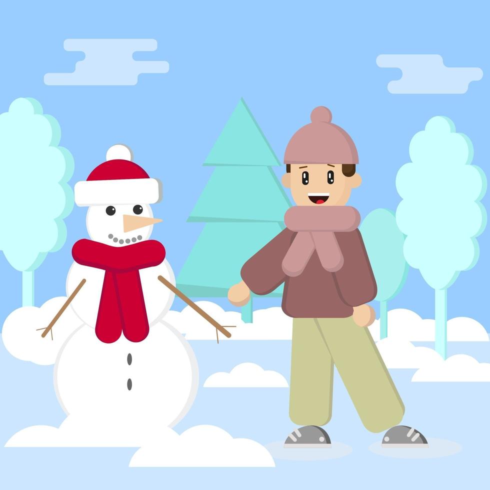garçon et bonhomme de neige dans la forêt d'hiver, illustration pour photo de noël vecteur