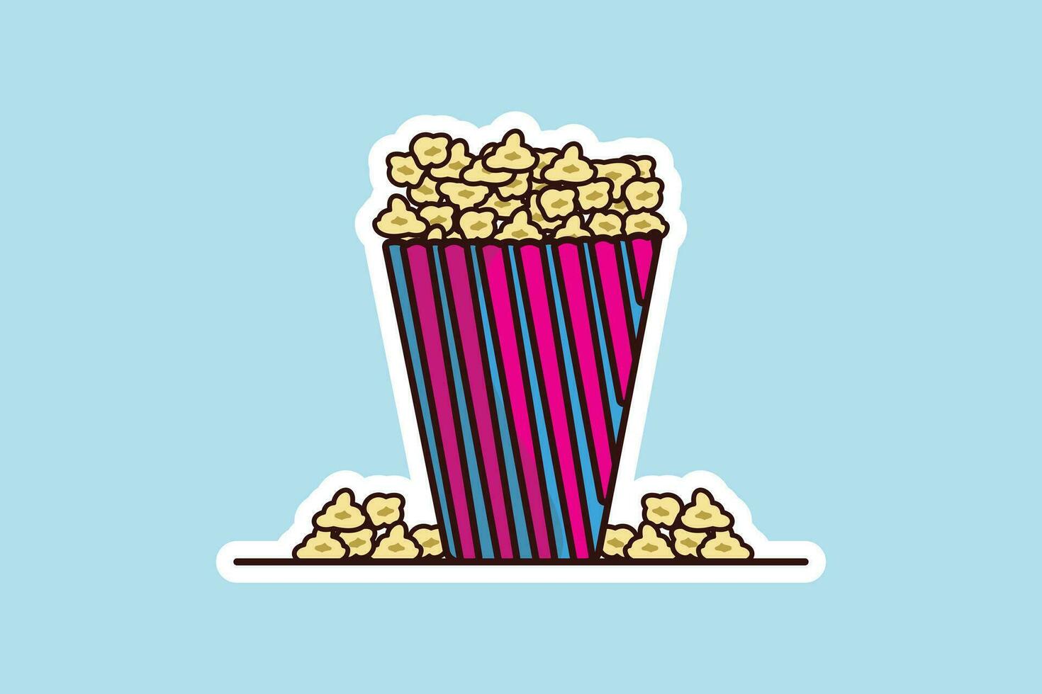 pop corn dans pop corn pack autocollant vecteur illustration. film cinéma icône concept. casse-croûte aliments. gros rouge bleu bande boîte avec pop corn autocollant vecteur conception avec ombre.