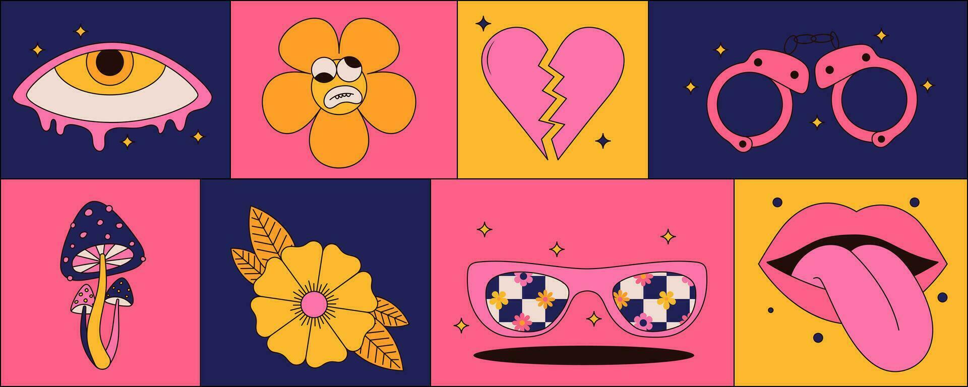 sensationnel hippie autocollant pack avec psychédélique champignons , cœur, lèvres, yeux, des lunettes de soleil et plus. ancien vecteur graphique