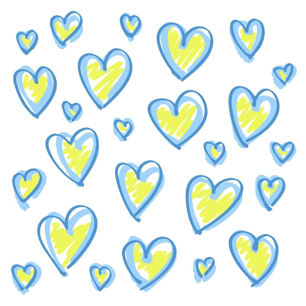 coeurs bleus et jaunes dessinés à la main vecteur