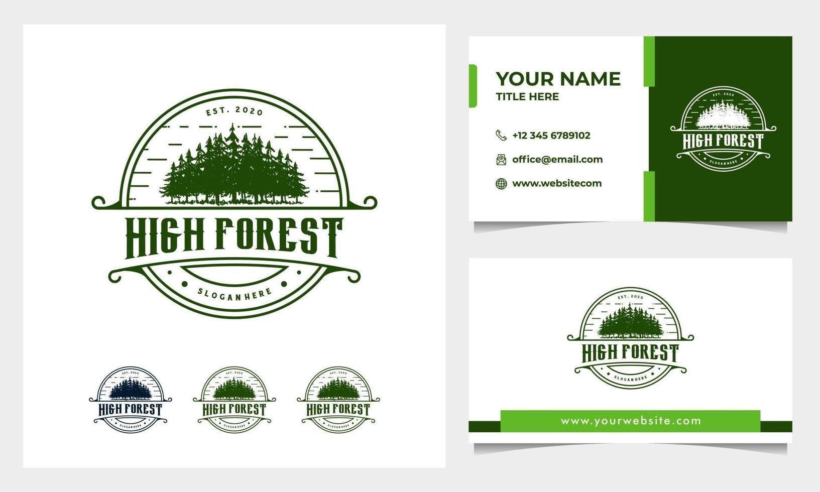 pin vintage, vecteur de conception de logo de forêt dessinés à la main avec carte de visite