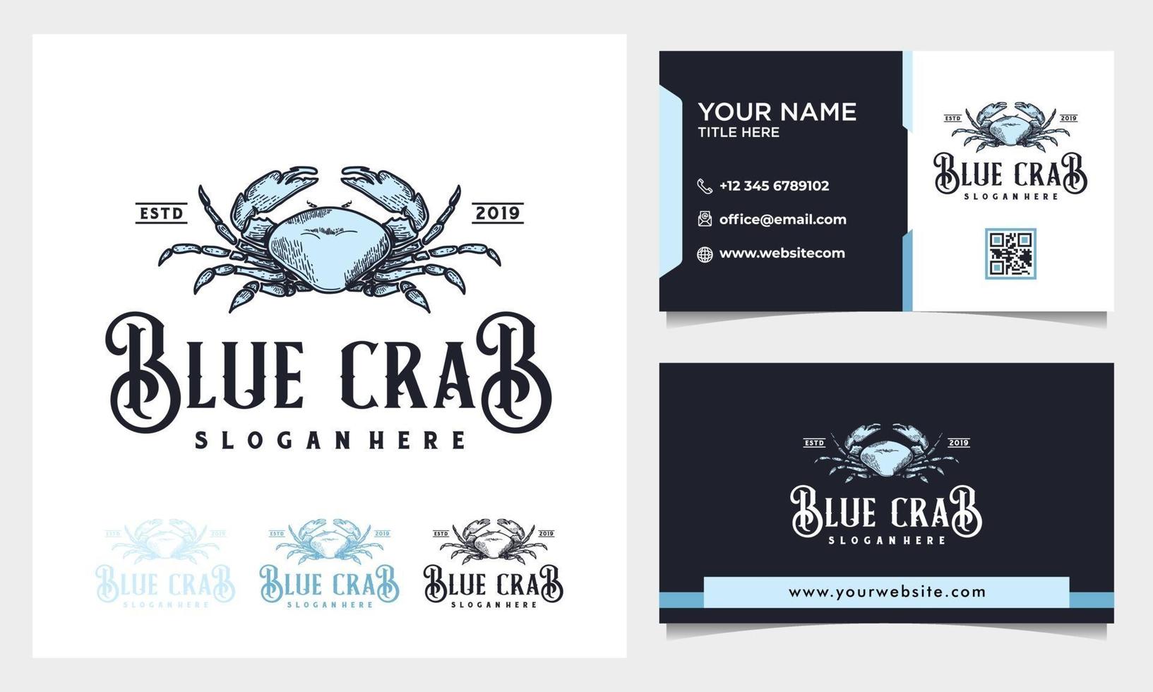 logo d'illustration vintage de crabe bleu dessiné à la main avec carte de visite vecteur