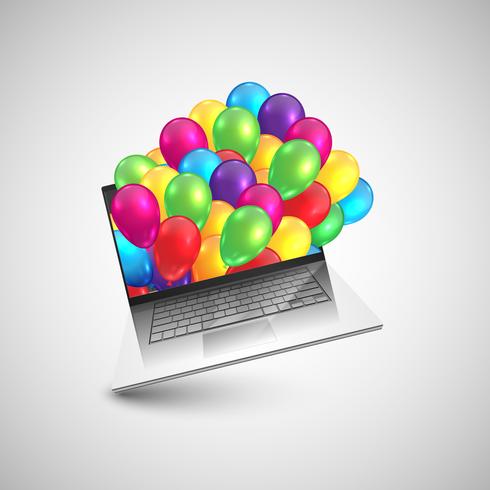 Ordinateur portable en cadeau avec des ballons colorés, vector