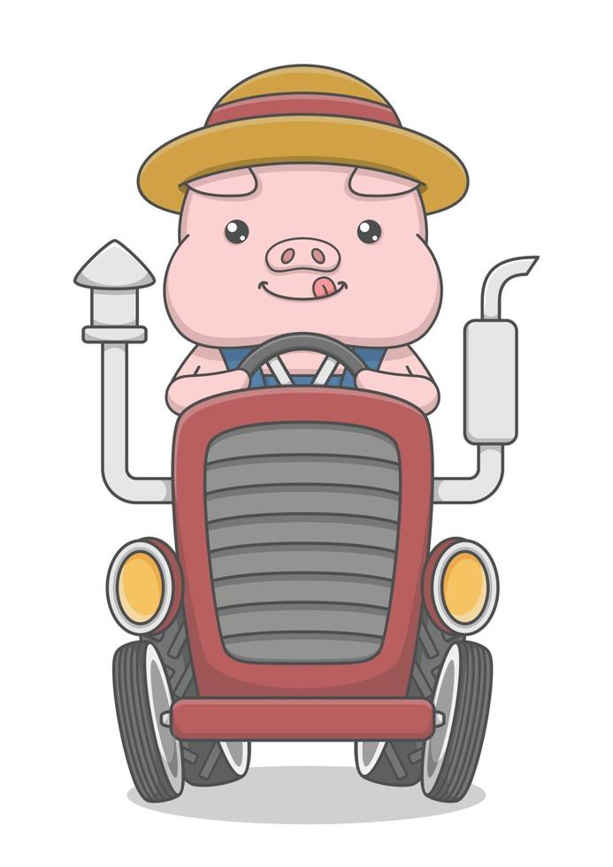 Tracteur d'équitation de cochon de dessin animé mignon vecteur
