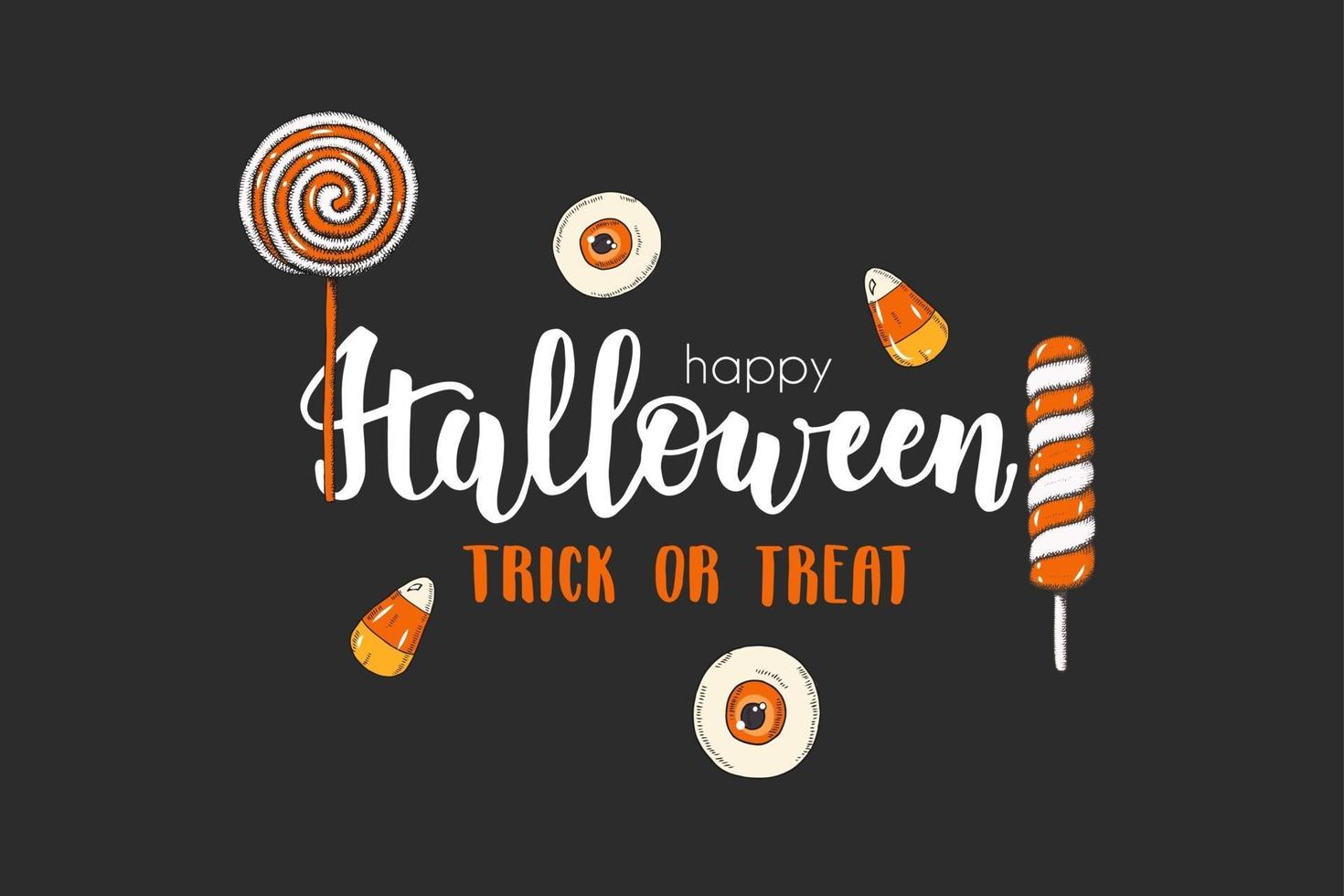 carte d'halloween avec des sucettes colorées dessinées à la main.trick or treat vecteur