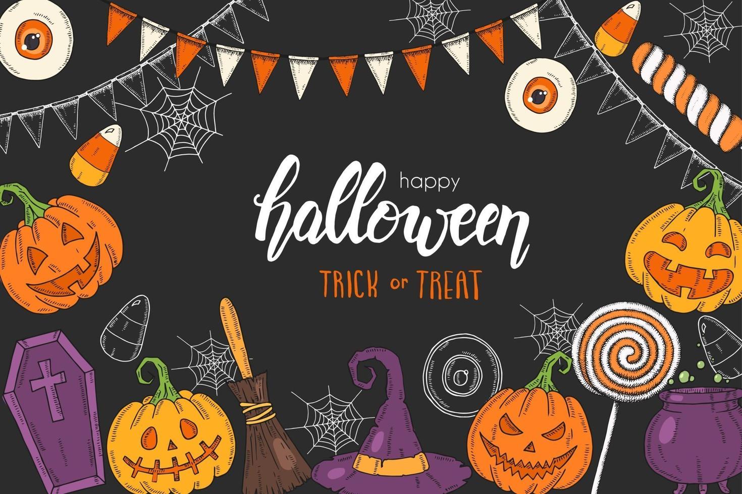 affiche d'halloween avec citrouille, chapeau de sorcière, racines de bonbons, potion vecteur