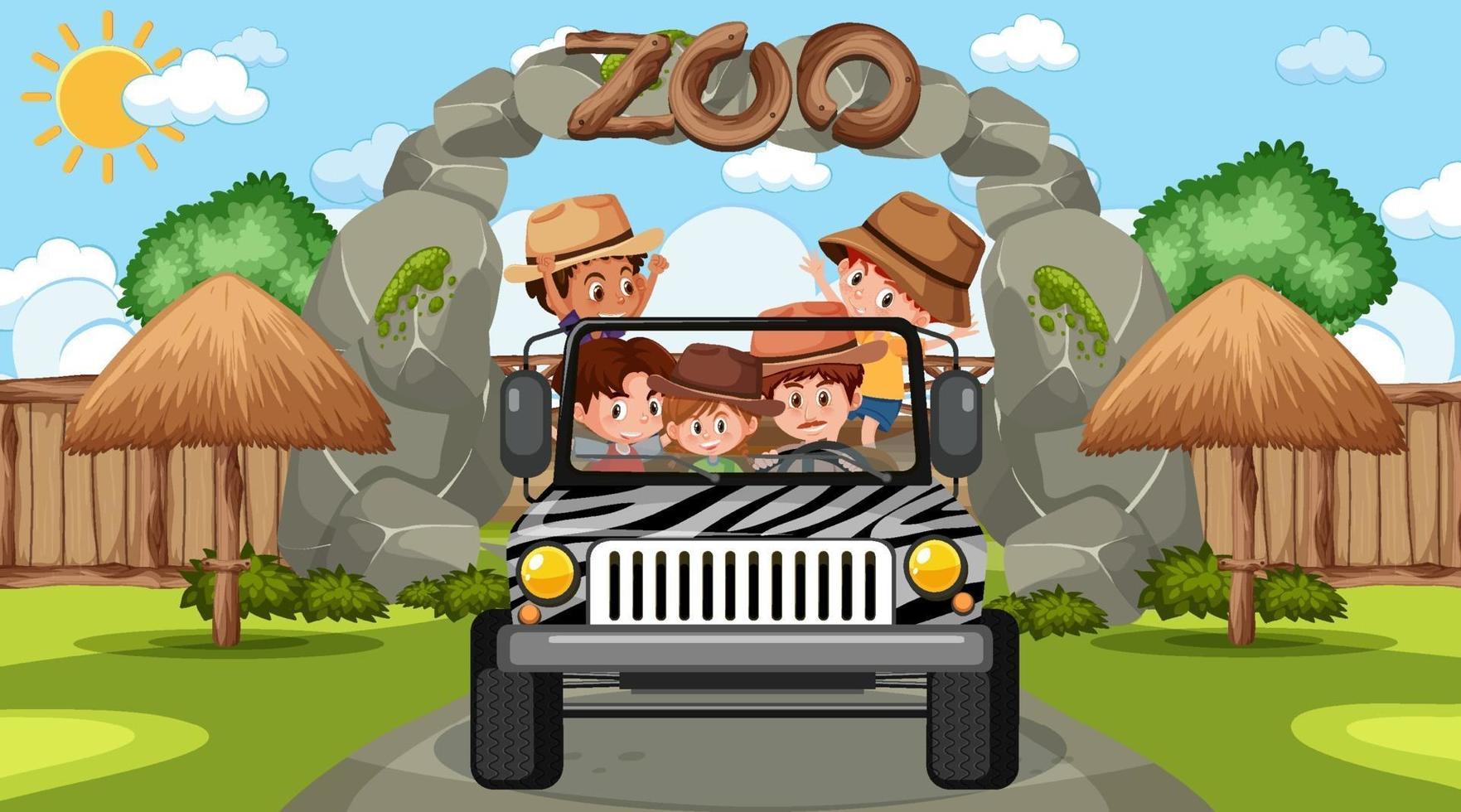zoo à la scène de jour avec de nombreux enfants dans une voiture jeep vecteur