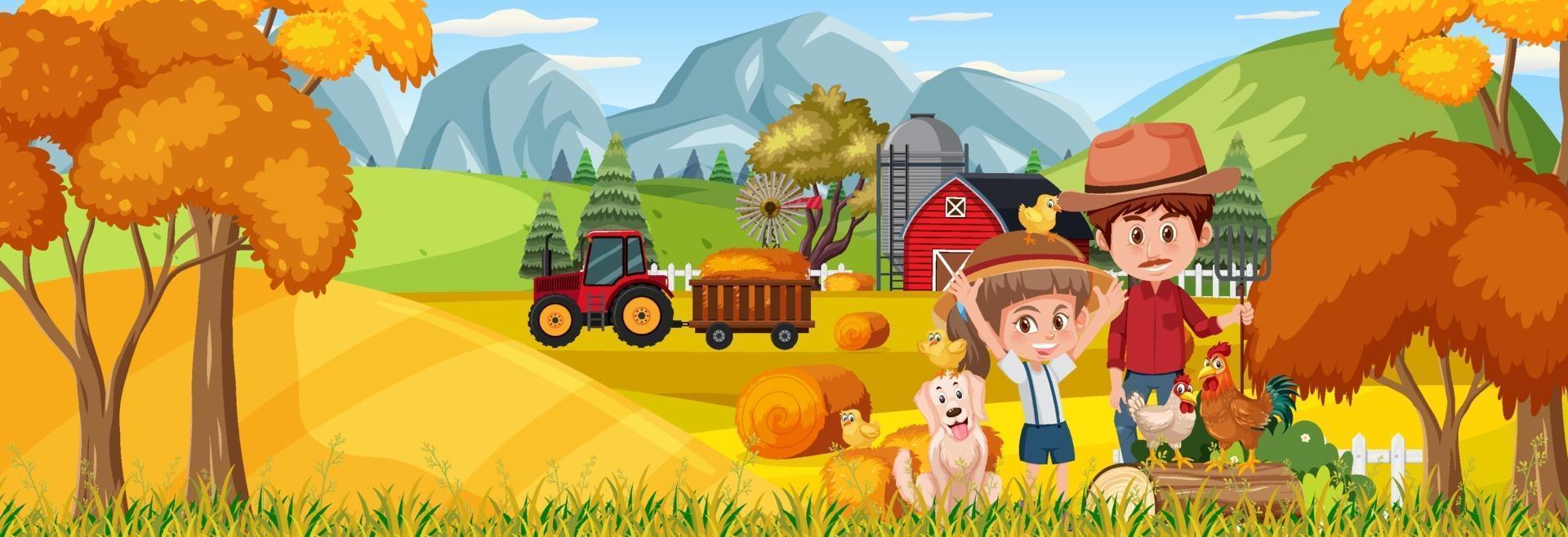 scène de paysage horizontal de ferme avec des enfants d'agriculteurs vecteur