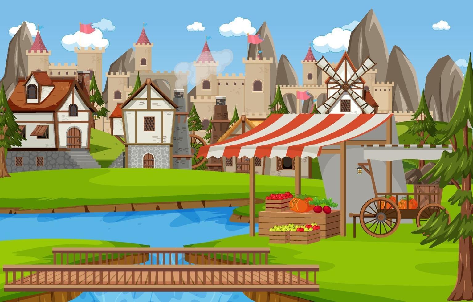 scène de ville médiévale avec fond de château vecteur