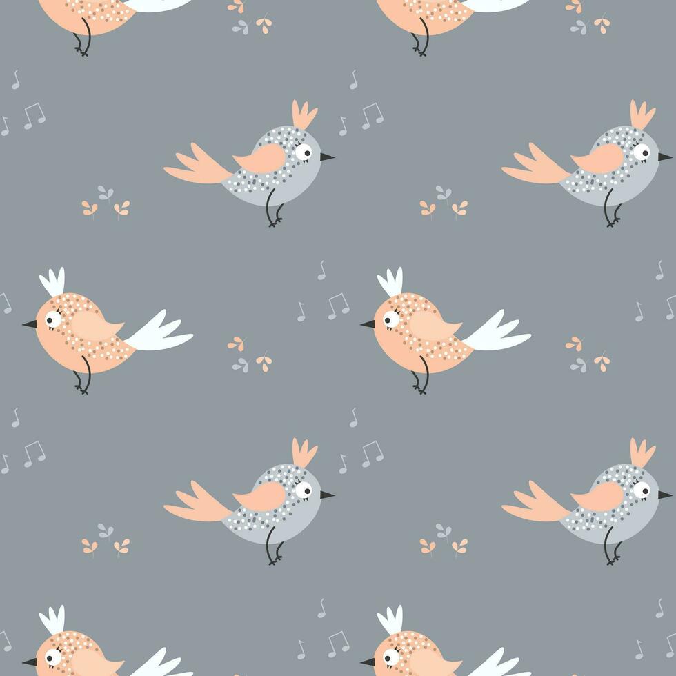 sans couture modèle, mignonne dessin animé rose des oiseaux et patte impressions sur une gris Contexte. imprimer, textile, vecteur