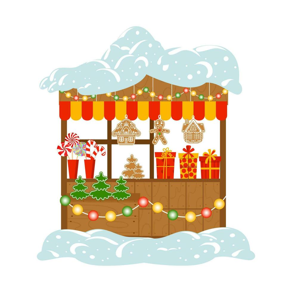 étal de noël dans la neige avec des cadeaux, des bonbons de noël, des chaussettes et des arbres de noël. illustration, carte postale, vecteur