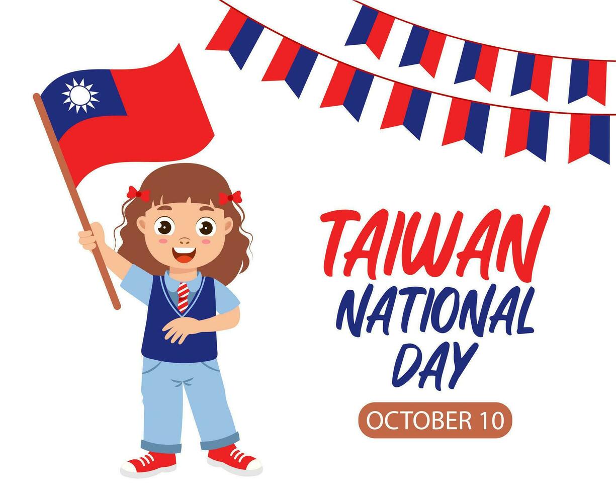 Taïwan nationale journée salutation carte. mignonne peu fille avec Taïwan drapeau. Taïwan Mémorial journée est octobre dix. illustration, bannière, affiche, vecteur