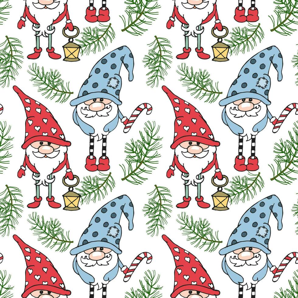 sans couture modèle, mignonne gnomes avec Noël des sucreries et sapin branches. imprimer, enfants textile, vecteur