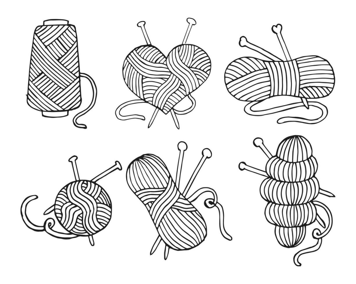 ensemble d'icônes sur le thème du tricot, des écheveaux dessinés à la main, des pelotes de fil et des aiguilles à tricoter. contour noir sur fond blanc vecteur