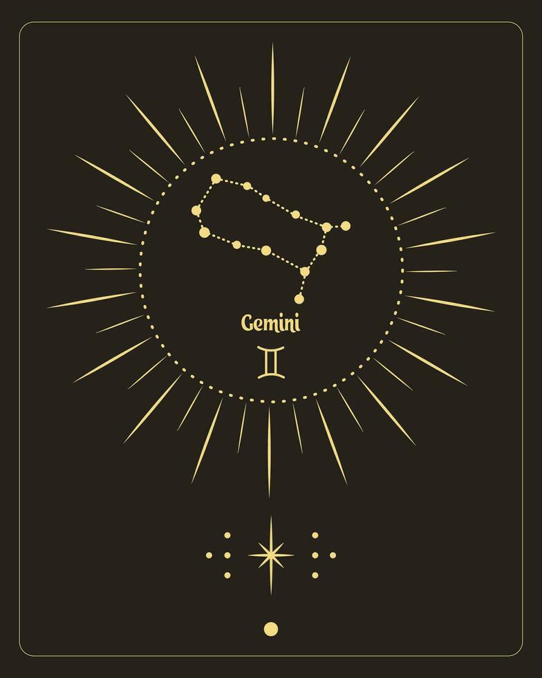 affiche d'astrologie magique avec constellation de gémeaux, carte de tarot. dessin doré sur fond noir. illustration verticale, vecteur