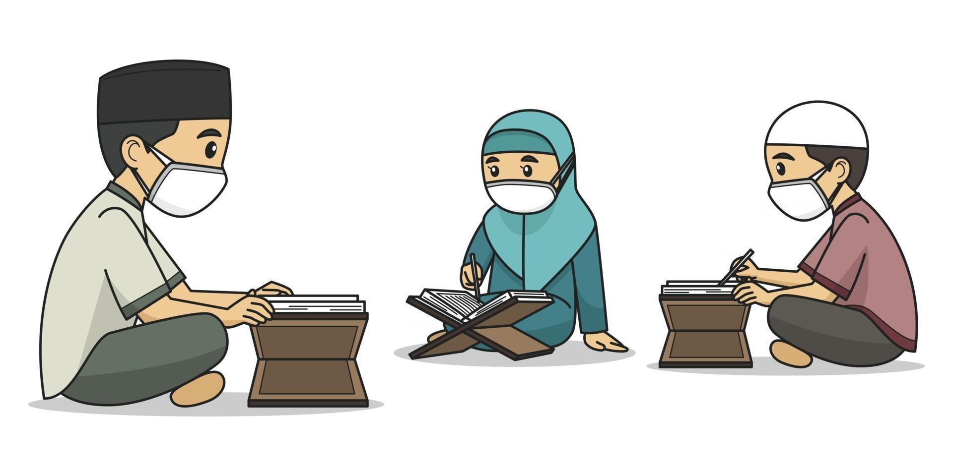 le personnage ustaz et les étudiants lisent le coran vêtus de vêtements musulmans vecteur
