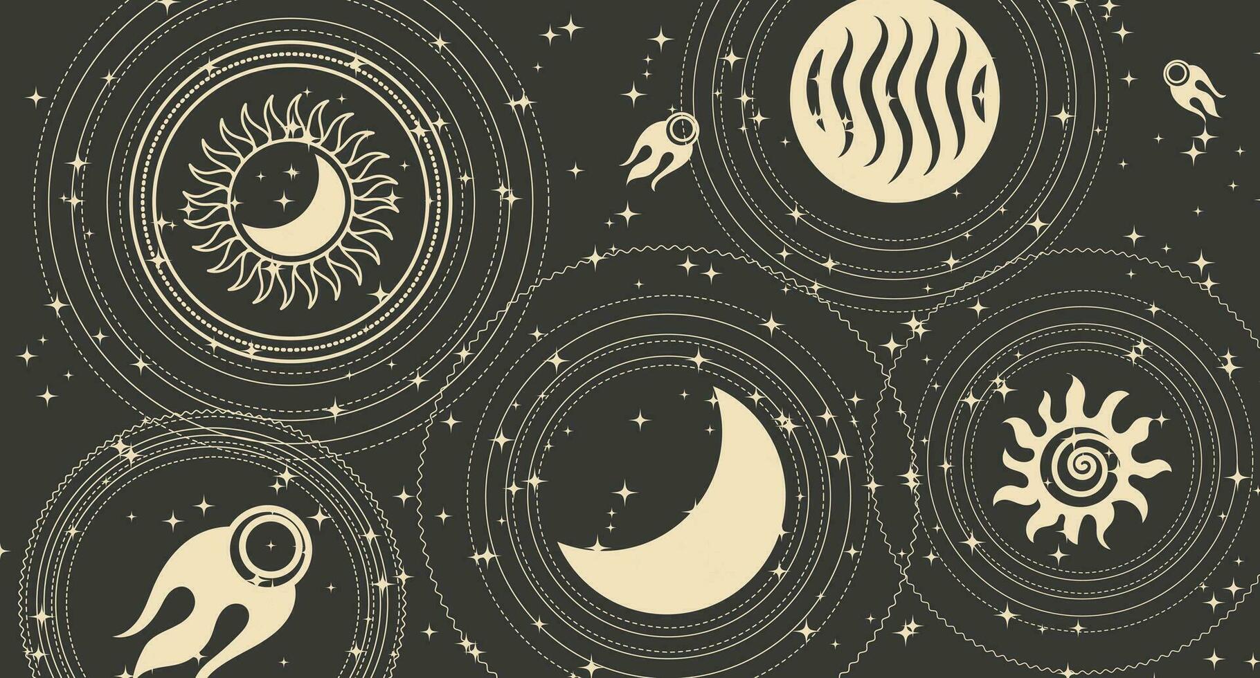 astrologique Contexte dans boho style, d'or mystique ésotérique symboles de le lune, soleil, étoiles sur une foncé Contexte. imprimer, astronomique Contexte. vecteur
