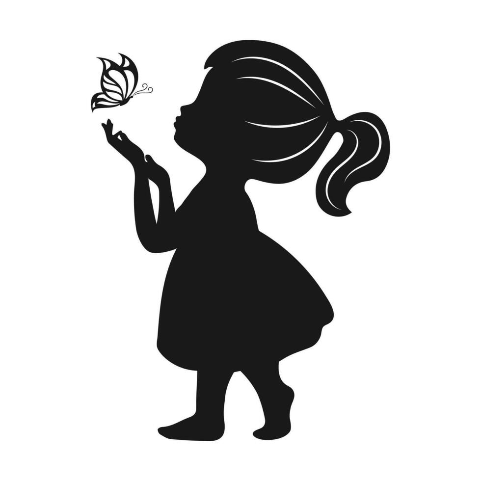 silhouette de une mignonne peu fille avec une papillon dans sa mains. noir silhouette. illustration, vecteur