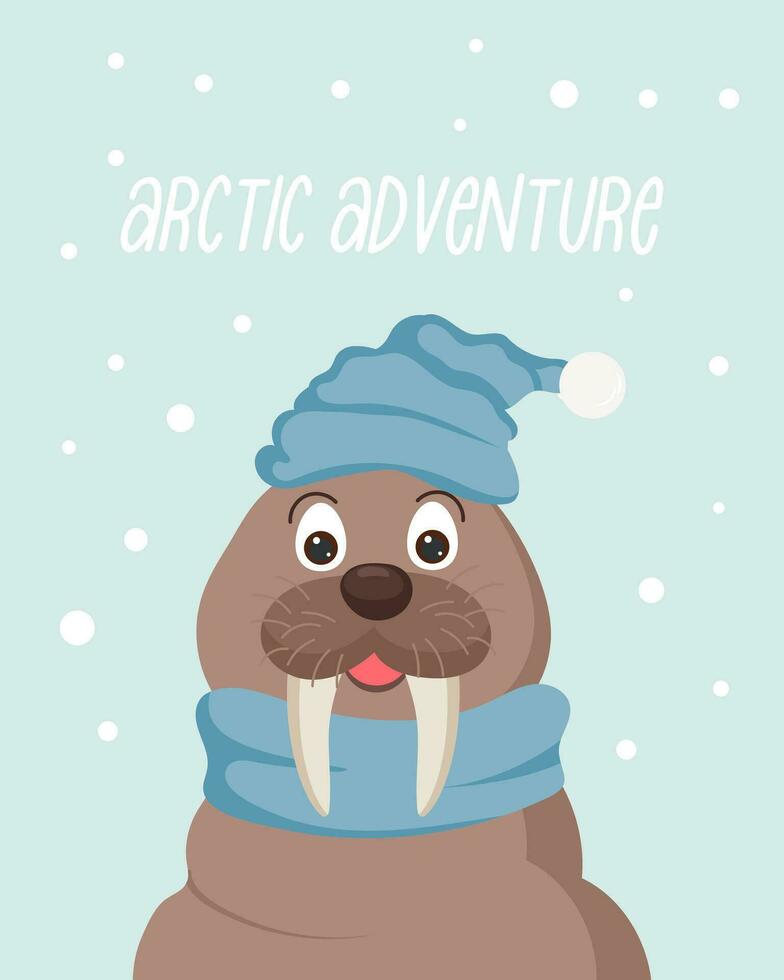 mignonne peu Arctique animal morse dans une écharpe et chapeau et de motivation texte. kawaii affiche ou carte. vecteur