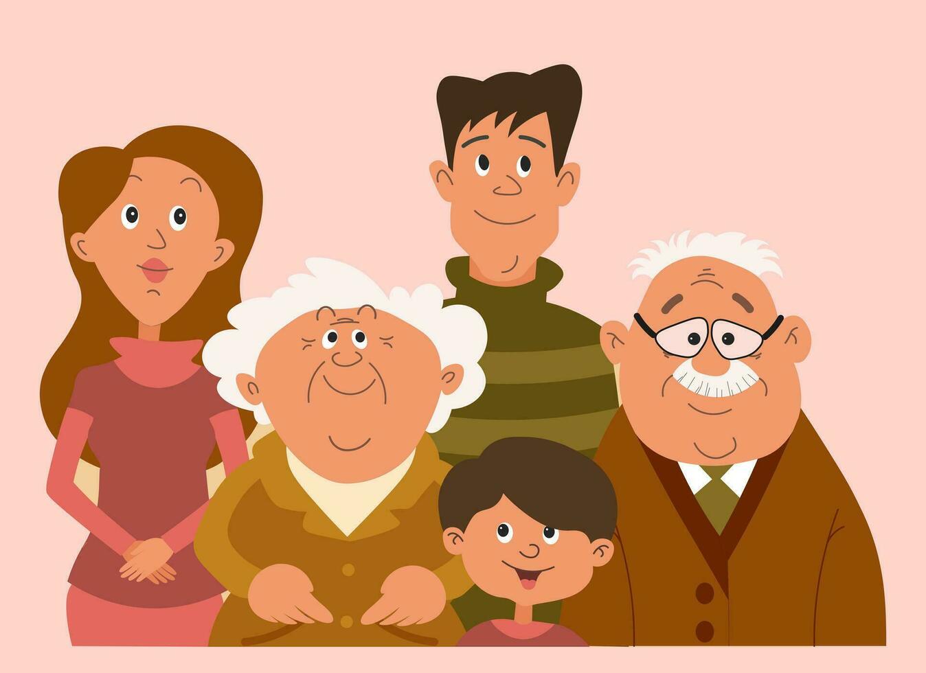 portrait de une content famille, mère, père, fils, grands-parents. dessin animé illustration dans plat style, vecteur