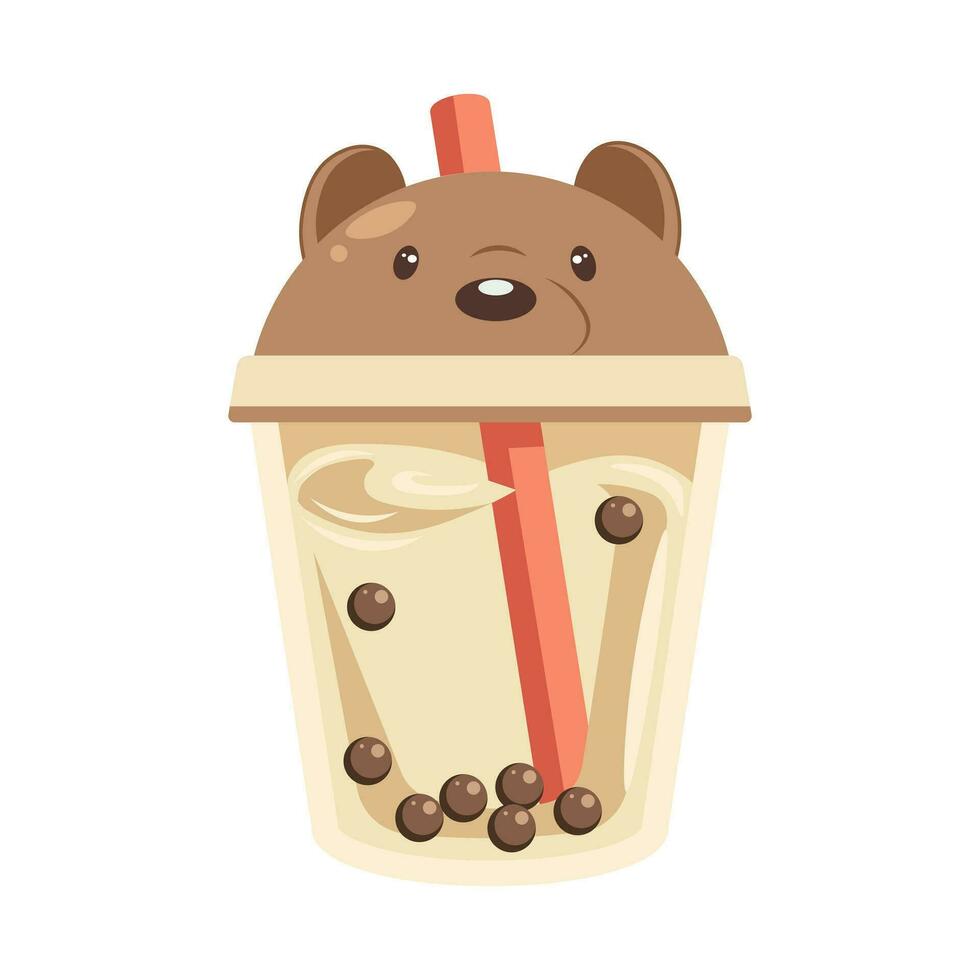 une verre de Milk-shake avec une ours. boisson icône, dessin animé plat illustration, vecteur