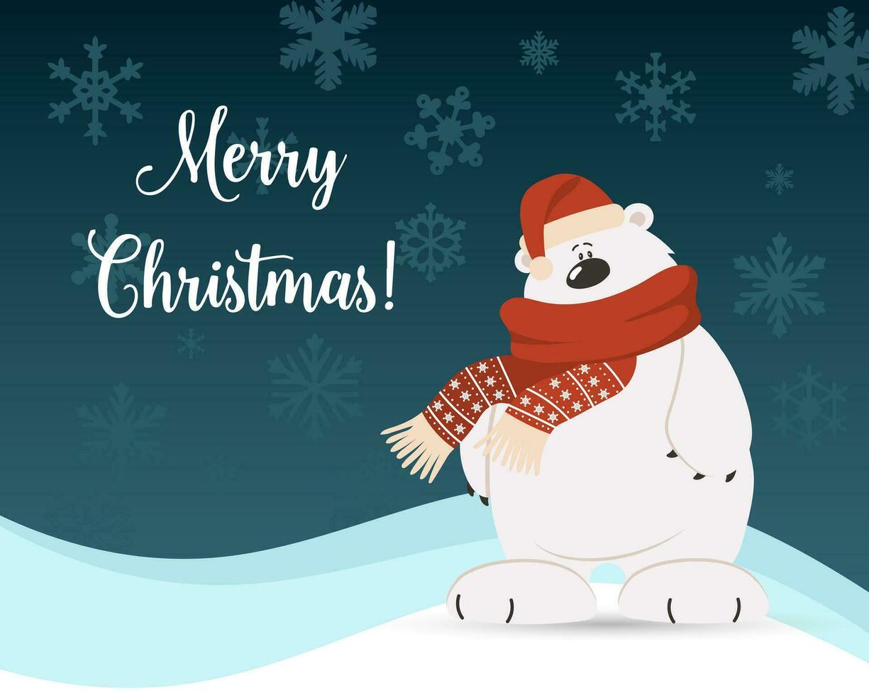 joyeux Noël salutation carte, mignonne dessin animé polaire ours dans une écharpe et chapeau sur une Contexte de flocons de neige. imprimer, vecteur