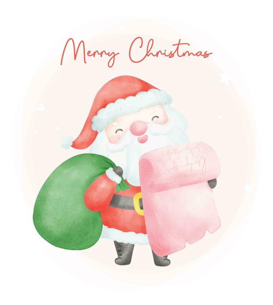 mignonne Père Noël claus avec cadeau sac content de bonne humeur dessin animé aquarelle personnage. vecteur