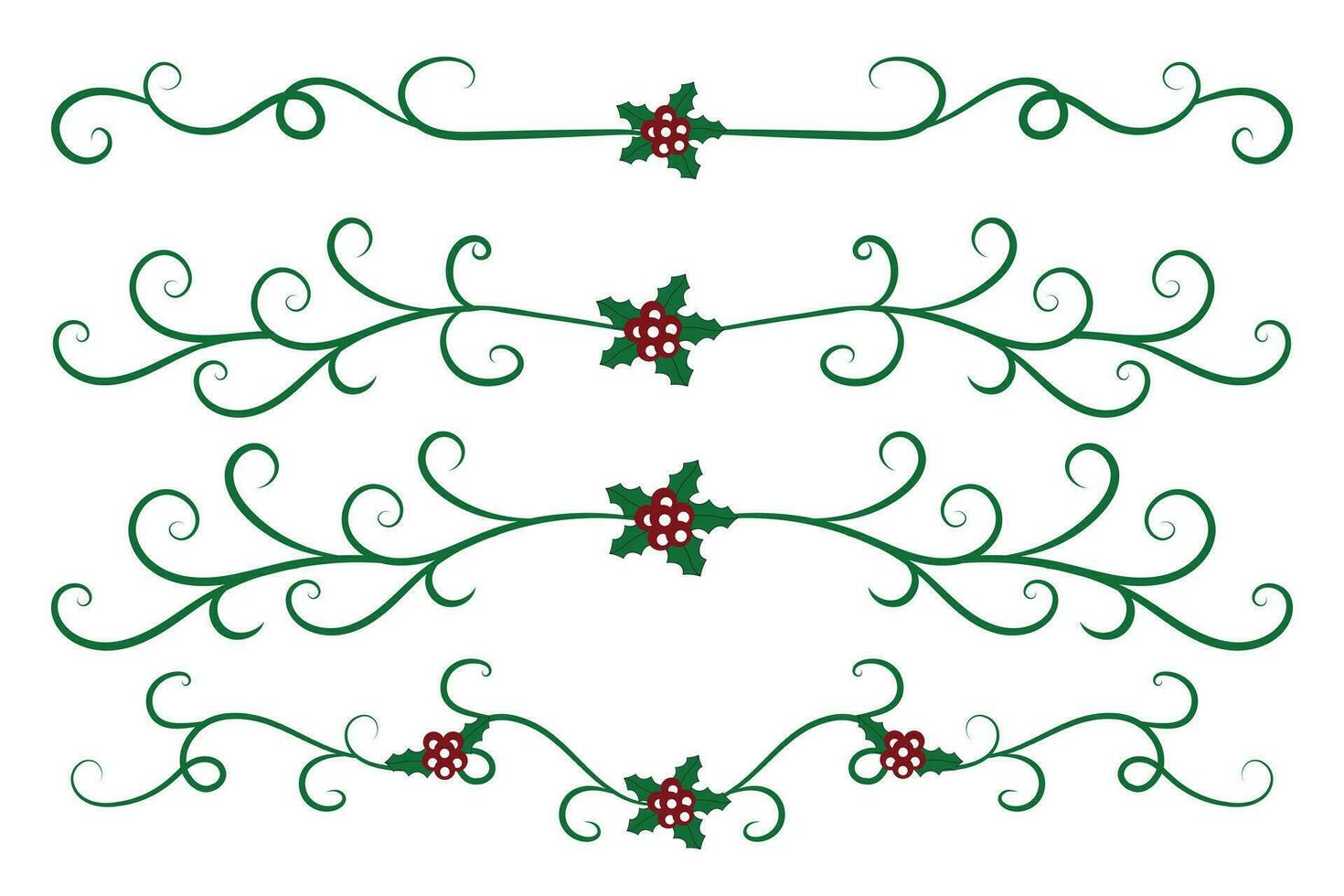 Noël s'épanouit tourbillonne séparateurs lignes décoratif éléments, ancien calligraphie faire défiler joyeux Noël texte diviseur filigrane élégant, hiver houx en-têtes fantaisie séparateur vert page décor vecteur