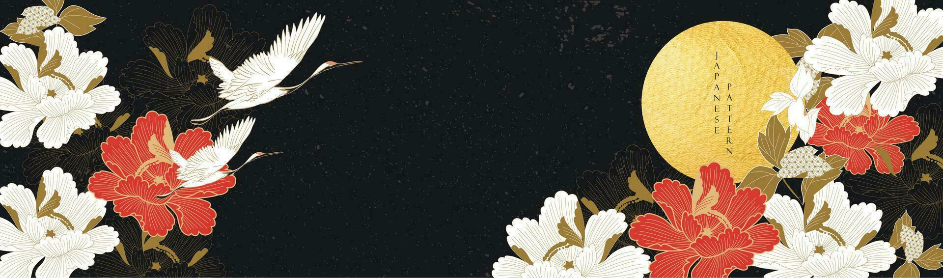 Japonais Contexte avec main tiré ligne vague dans ancien style. art noir paysage bannière conception avec grue des oiseaux bannière conception décoration. icône et symbole élément dans Asie style. pivoine fleur vecteur