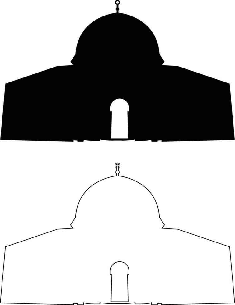 Palestine Al aqsa mosquée, composé dans le ville de Jérusalem ou Al quds dans arabe symbole silhouette conception. masjid al-aqsa pour logo, plat ou ligne noir icône ensemble, salutation carte bannière vecteur. vecteur