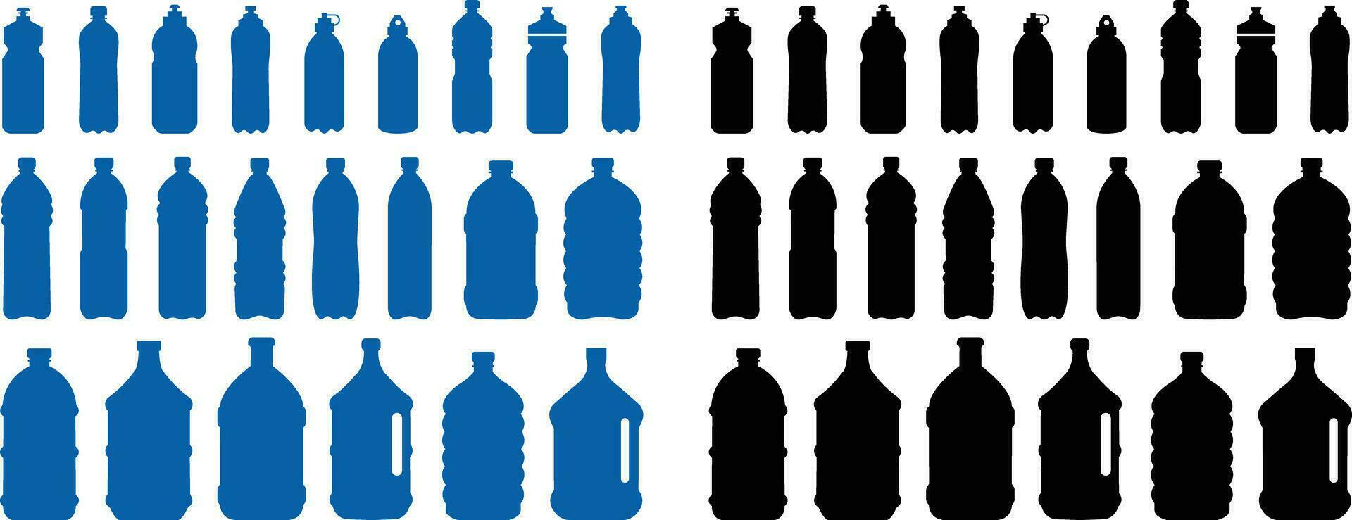 Plastique bouteille noir ou bleu icône ensemble. vecteur plat style signe . récipient l'eau bouteille pour sport. Naturel et en bonne santé mode de vie concept l'eau embouteillée récipient liquide