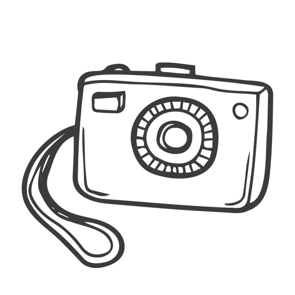 appareil photo, matériel de prise de vue. technologie digitale. icône de croquis, illustration vectorielle dans un style doodle. isoler sur un fond blanc. vecteur