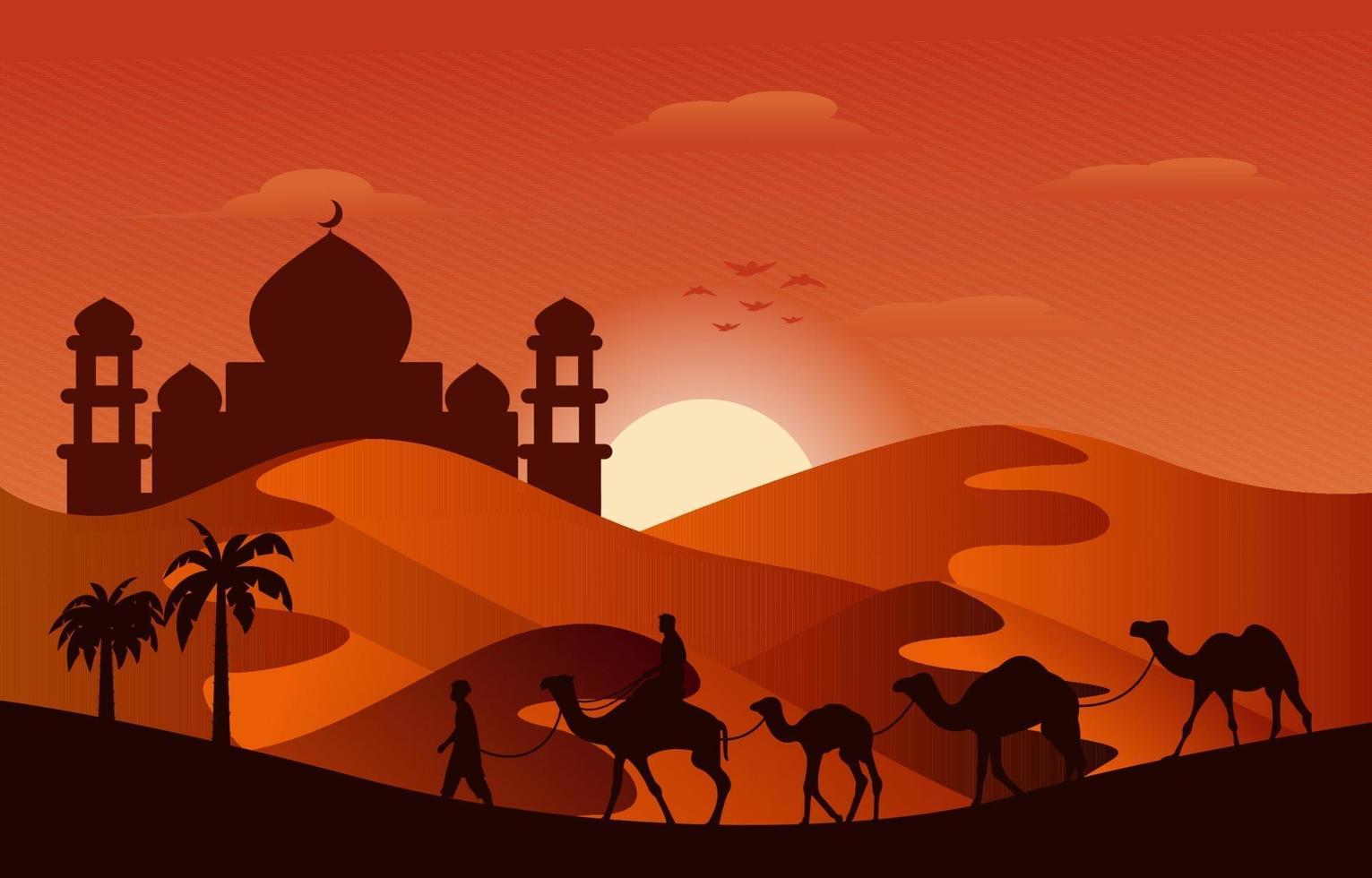 coucher de soleil arabe désert caravane de chameaux musulman culture islamique illustration vecteur