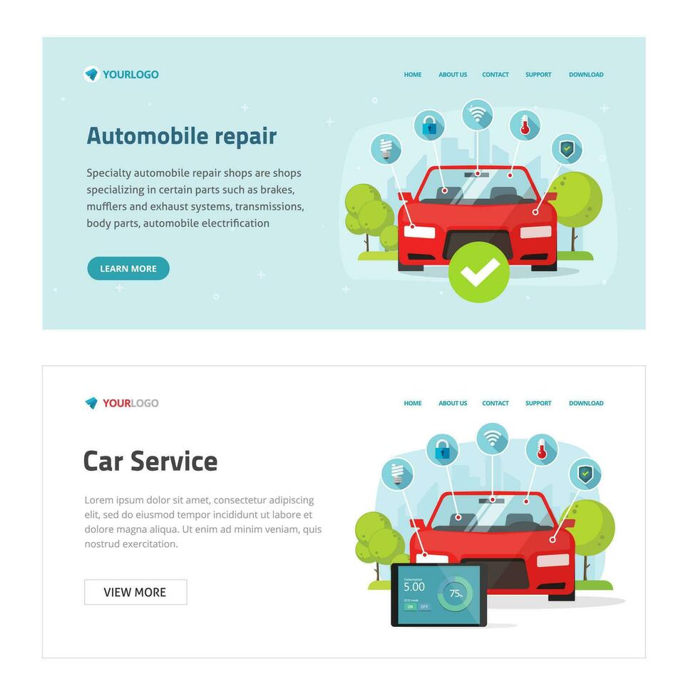 voiture diagnostique ou voiture tester un service la toile site modèle vecteur, plat dessin animé véhicule et électronique Diagnostique outils atterrissage page bannière, atelier ou réparation entretien station moderne conception vecteur