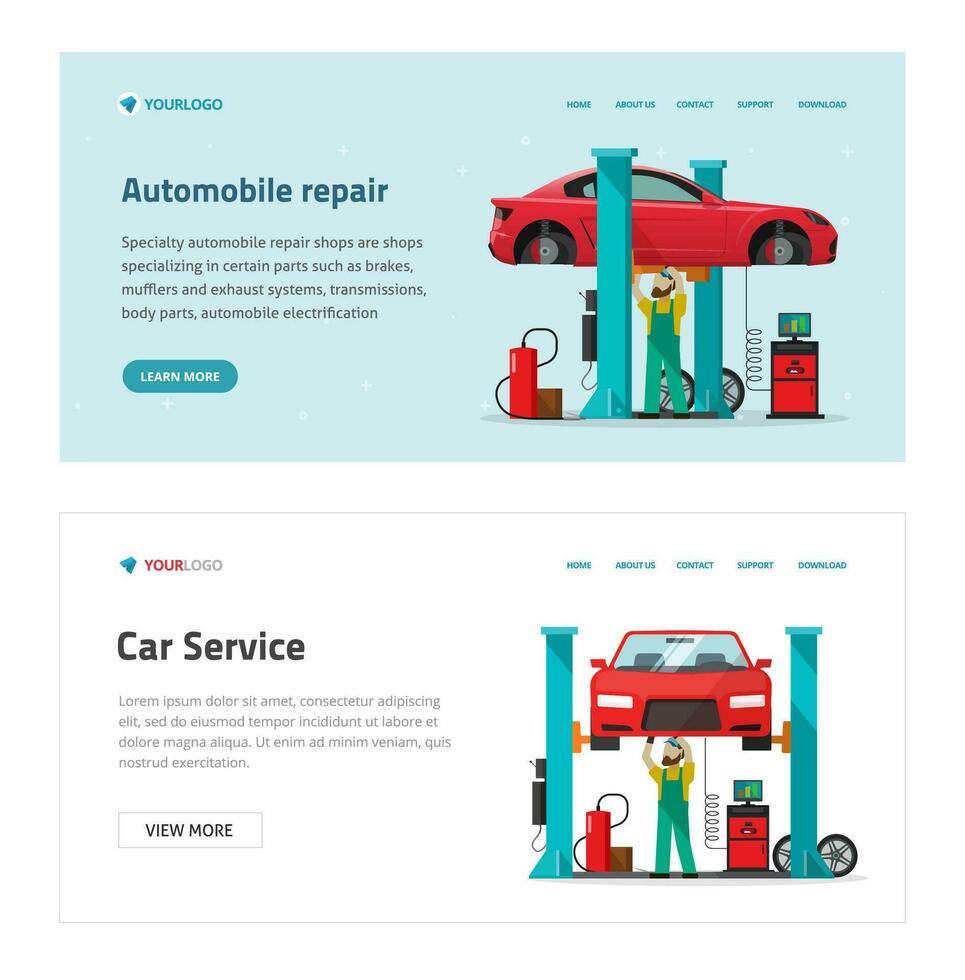 voiture réparation garage un service la toile site modèle vecteur illustration, plat dessin animé mécanicien comme dépanneur la personne réparer véhicule dans atelier bannière moderne conception, ouvrier homme en dessous de levé voiture