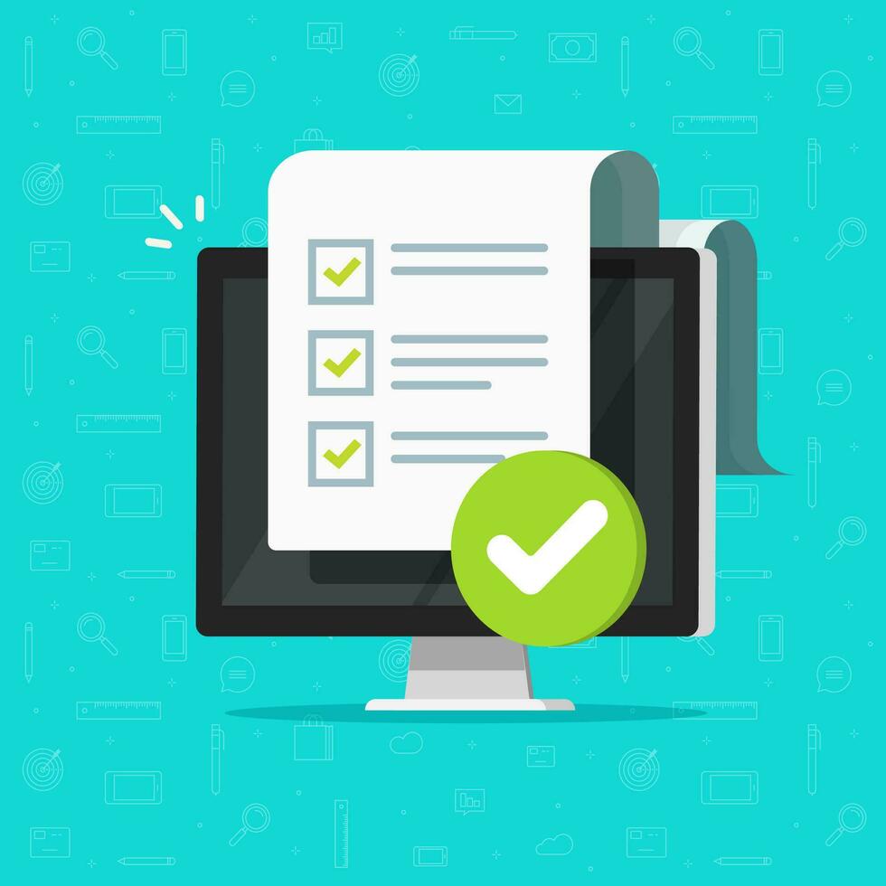 enquête liste de contrôle forme ou Achevée tâche liste sur ordinateur vecteur illustration, plat dessin animé PC avec coches document ou questionnaire rapport sur filtrer, moderne approuvé test, examen résultats