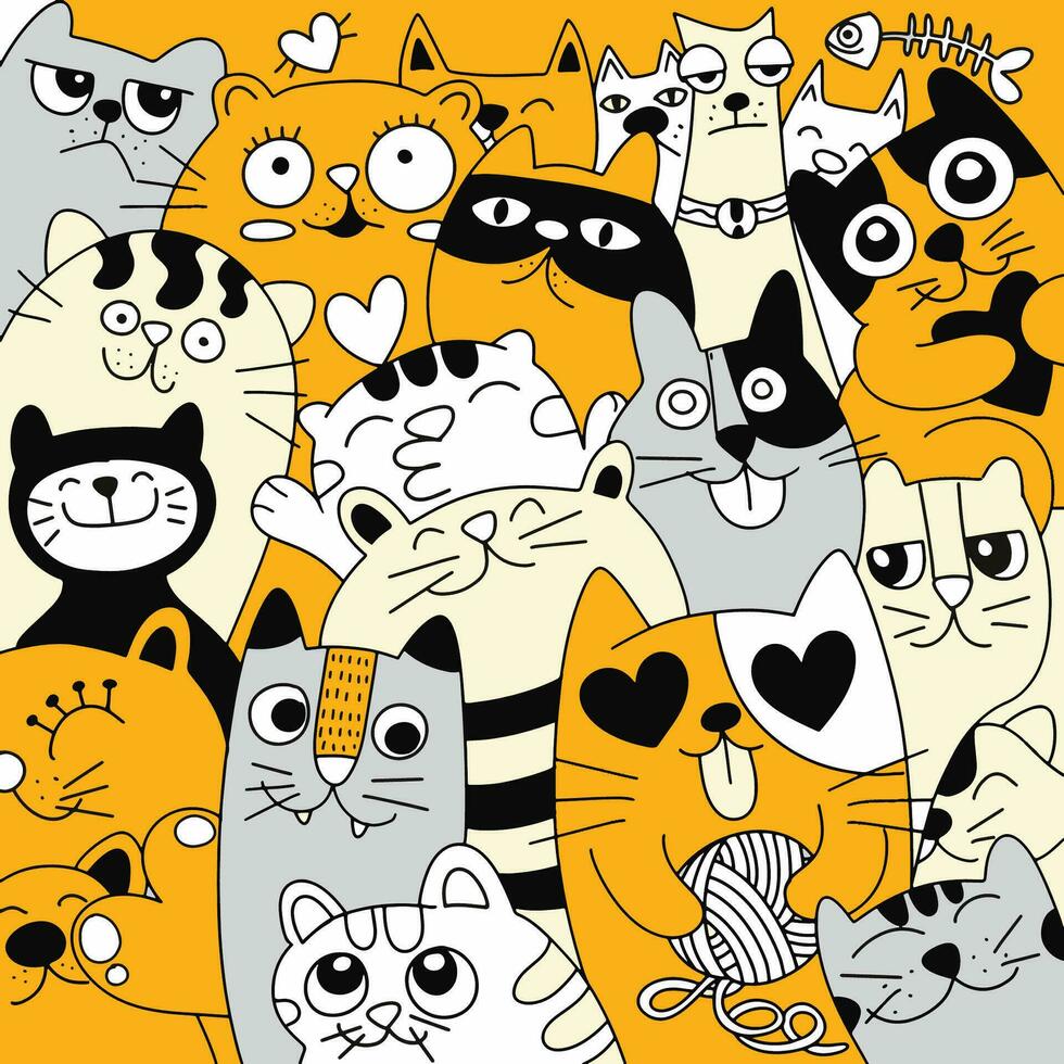 vecteur illustration , minimal colorf main tiré griffonnage marrant chats ensemble ,main dessin griffonnage