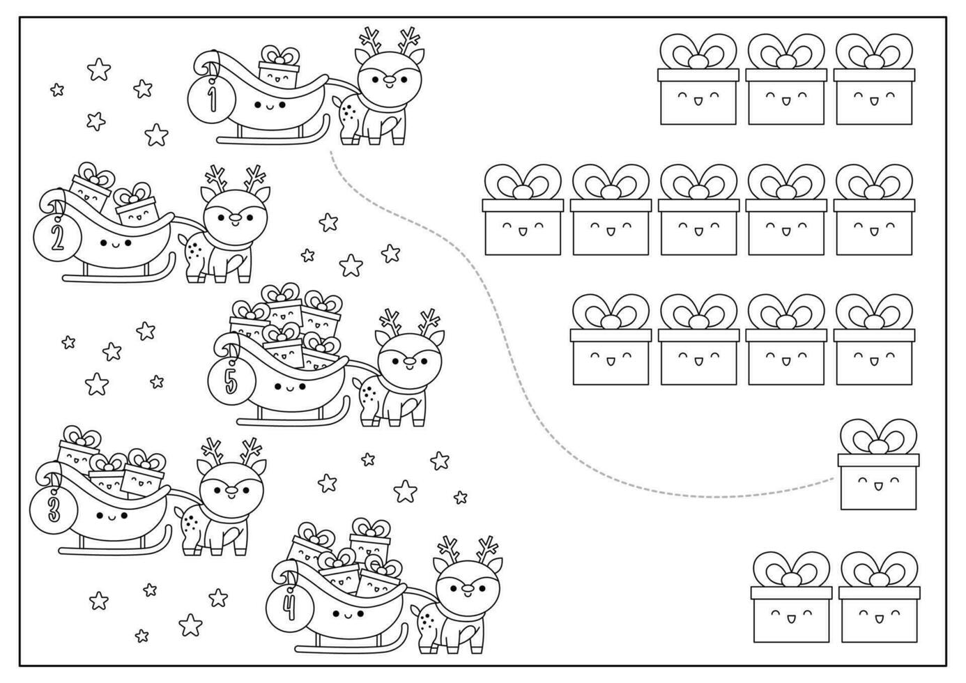 Noël noir et blanc correspondant à Jeu avec mignonne kawaii cerf, une luge, présente. hiver vacances ligne math activité pour préscolaire enfants. éducatif imprimable Nouveau année compte coloration page vecteur