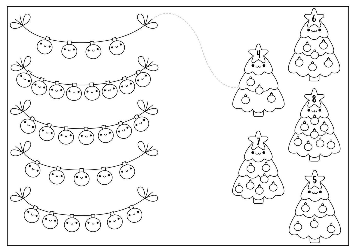 Noël noir et blanc correspondant à Jeu avec mignonne kawaii sapin arbre, coloré des balles. hiver ligne vacances math activité pour préscolaire enfants. éducatif imprimable Nouveau année compte coloration page vecteur