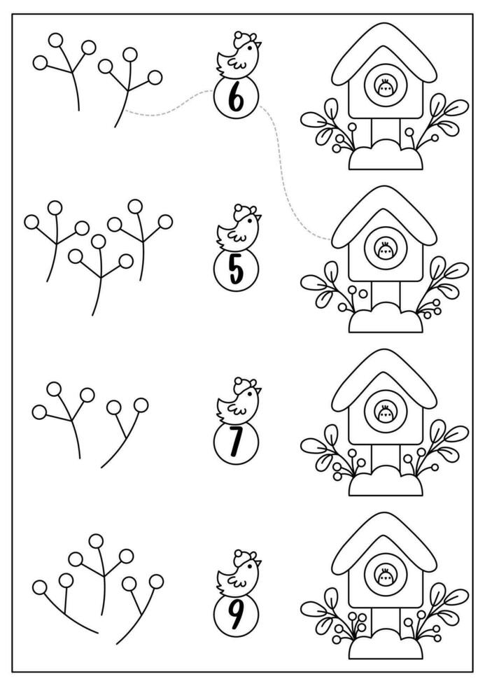 Noël noir et blanc correspondant à Jeu avec mignonne kawaii oiseau et nichoir. hiver ligne vacances math activité pour préscolaire enfants. éducatif imprimable Nouveau année compte coloration page vecteur