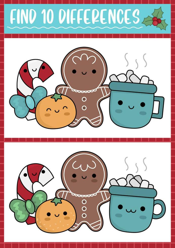 Noël trouver différences Jeu pour les enfants. attention compétences activité avec mignonne orange, bonbons canne, pain d'épice, cacao tasse. Nouveau année puzzle pour enfants. imprimable quoi est différent feuille de travail vecteur