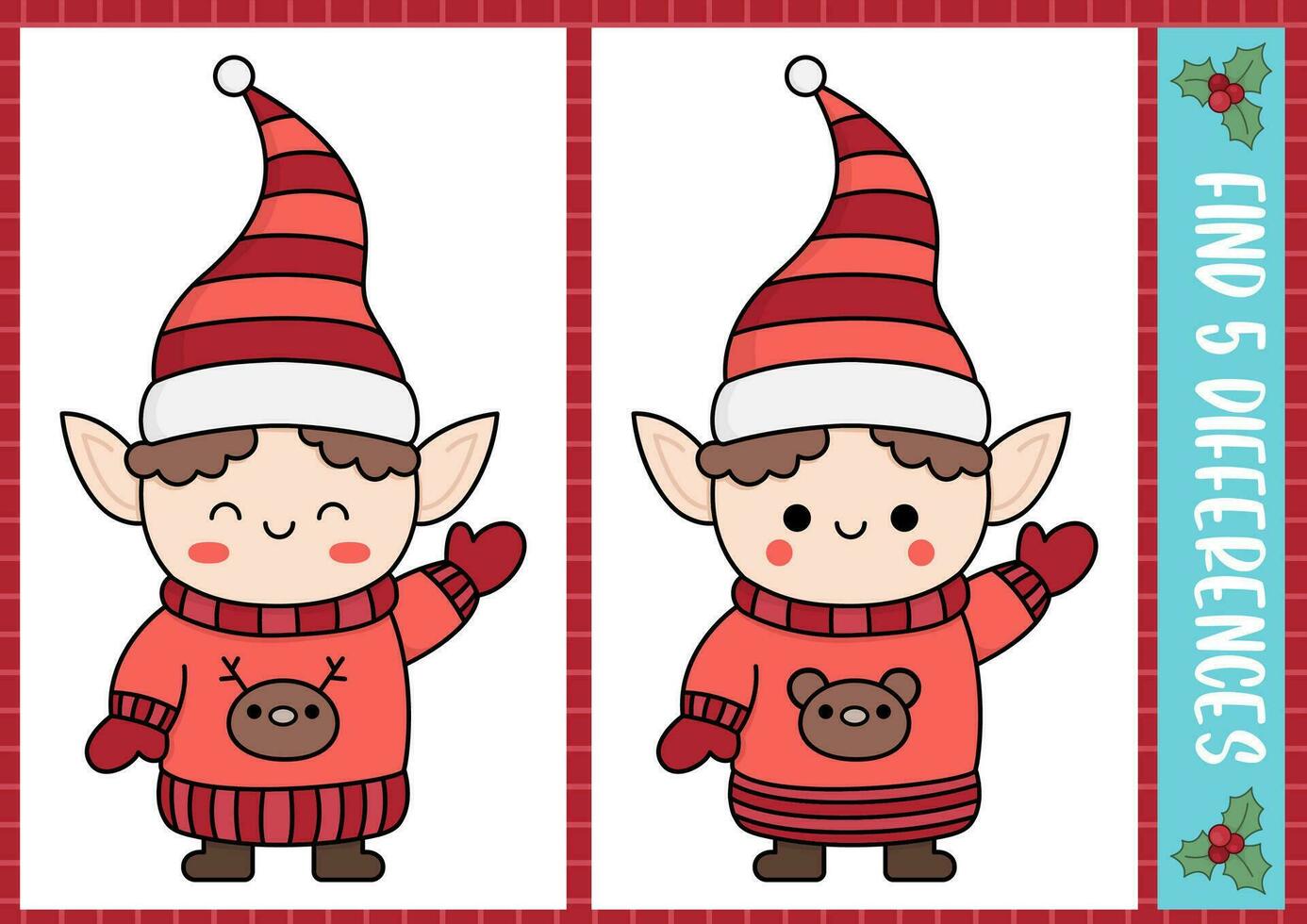 Noël trouver différences Jeu pour les enfants. attention compétences activité avec mignonne elfe dans rouge chapeau. Nouveau année puzzle pour des gamins avec marrant personnages. imprimable quoi est différent feuille de travail vecteur