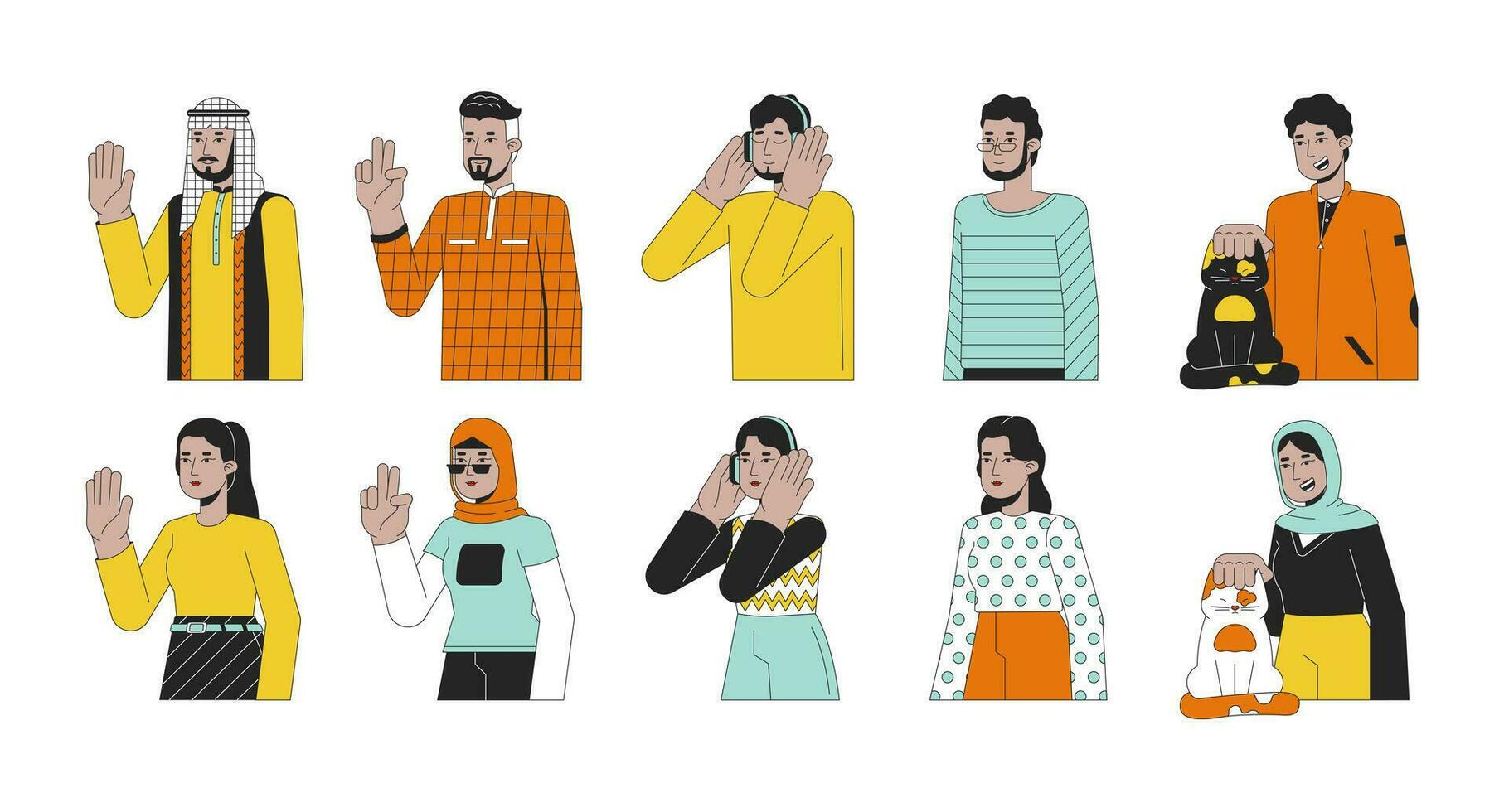 arabe milieu est 2d linéaire dessin animé personnages ensemble. turc femme, saoudien homme isolé ligne vecteur gens blanc Contexte. hijab Dames. moderne musulman posant Couleur plat place illustration paquet